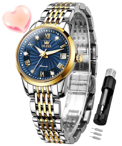 OLEVS Damen Automatikuhr Diamant Mode Luxus Kleid Mechanische Selbstaufzug Edelstahl Damen Armbanduhr für Frauen Leuchtend Wasserdicht, Zweifarbiges blaues Gesicht, uhren für damen von OLEVS