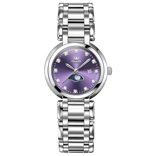 OLEVS Damen Lila Uhren Klassisc Silber Edelstahl Elegante Kleine Gesicht Damenuhr Diamant Retro Lässig Schmale Armbanduhr für Frauen Quarz wasserdichte Analog Datumsanzeige Damen Uhren von OLEVS