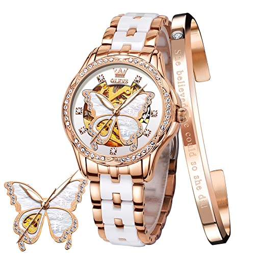 OLEVS Damen Rose Gold Automatikuhr Skelett Mechanisch Selbstaufzug Damen Elegant Luxus Kleid Schmetterling Diamant Weiß Keramik Armband Uhr Geschenk von OLEVS