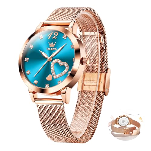 OLEVS Damen Roségold Uhr Kleines Zifferblatt Stylish Mesh Armband Damen Uhren Analog Diamant Herzform Kleid Blau Uhr für Frauen DREI Hände Ultradünne Runden Quarz Uhr Damen Leuchtend Wasserdicht von OLEVS