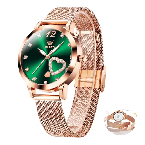 OLEVS Damen Roségold Uhren Edelstahl Analog Weiblich Armbanduhren für Damen Grün Zifferblatt Leuchtende Quarz Damen Armbanduhr Diamant Herzform Stylish Exquisit Kleid Wasserdicht Uhr Damen Günstig von OLEVS