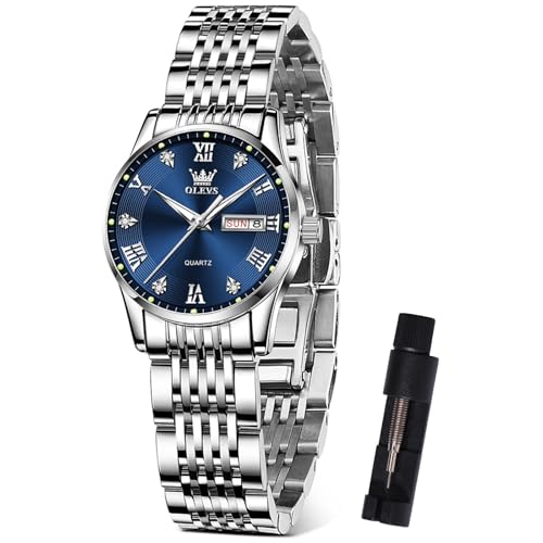 OLEVS Damen Silber Uhr Edelstahl Weiblich Uhr für Frauen Diamant Wasserdicht Eleagnt Analog Damen Kleid Armbanduhr Blau Zifferblatt Leuchtend Quarz Datum Römische Zahlen Damenuhren Günstig Stylish von OLEVS