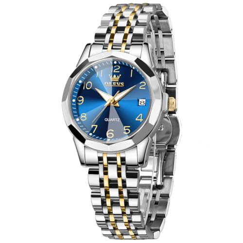 OLEVS Bicolor Armbanduhr Damen Edelstahl Elegante Analog Uhr Damen Wasserdicht Leuchtend Silber Gold Metallarmband Uhr für Frauen Arabische Ziffern Blau Zifferblatt Damenuhr mit Datum Leicht zu lesen von OLEVS