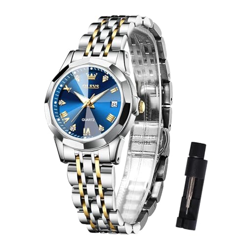 OLEVS Damen Uhr Gold Silber Edelstahlband Analoger Quarz Damenuhr Luxus Blau Kleines Gesicht Römische Ziffern Diamanten Uhr Damen Klassisches Leuchtend Wasserdicht mit Datum Watches for Women von OLEVS