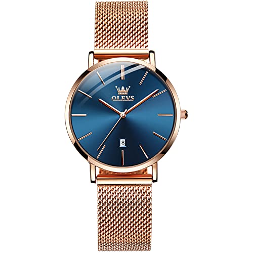 OLEVS Damen Uhren Blau Großes Gesicht Minimalismus Ultra Thin Damenuhr Eleganz Roségold Edelstahl Mesh Armband Runden Uhr Damen Wasserdicht Datumsanzeige Analoger Quarz Watches for Women von OLEVS
