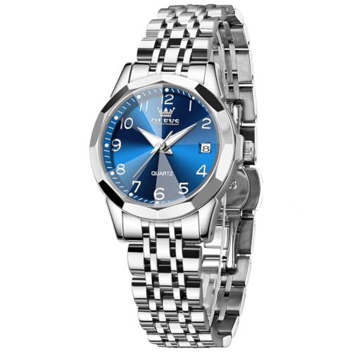OLEVS Silber Damenuhren Metallarmband Elegante Wasserdicht Armbanduhren für Damen Arabische Ziffern Edelstahl Uhr Damen Klein Blau Zifferblatt Quarz Analog Uhren Frauen mit Datum Leicht zu lesen von OLEVS