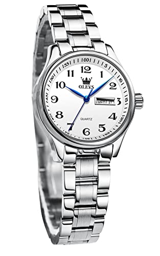 OLEVS Damenuhr Analoge Leicht zu lesen Armbanduhr mit Kleines Gesicht Silber Edelstahlband wasserdichte Day Date Uhr von OLEVS