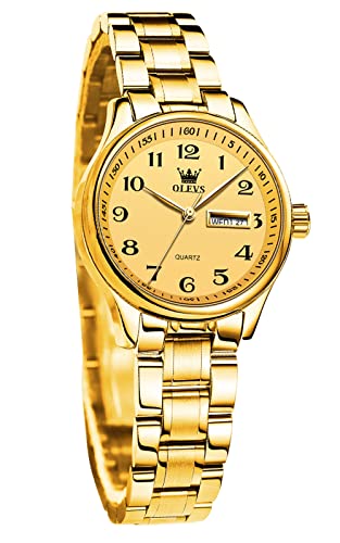 OLEVS Damenuhr Analoge Leicht zu lesen Armbanduhr mit Kleines Gesicht Gold Edelstahlband wasserdichte Day Date Uhr von OLEVS