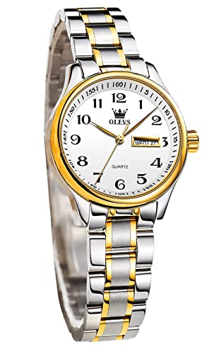 OLEVS Damenuhr Analoge Leicht zu lesen Armbanduhr mit Kleines Gesicht Gold Silber Edelstahlband wasserdichte Day Date Uhr von OLEVS