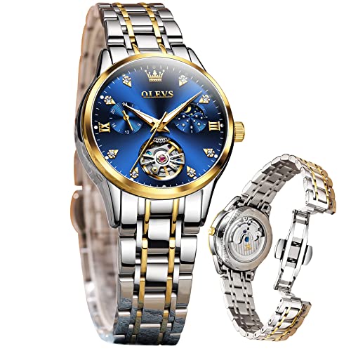 OLEVS Damenuhr Damen Automatik Mechanisch Skelett Luxus Diamant Elegant Edelstahl Wasserdicht Analog Original Silber Blau Uhr von OLEVS