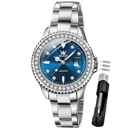 OLEVS Damenuhr Diamant Analoge Armbanduhr mit Kleines Blau Gesicht Silber Edelstahlband wasserdichte Frauen Uhr Geschenk Sale Marken von OLEVS