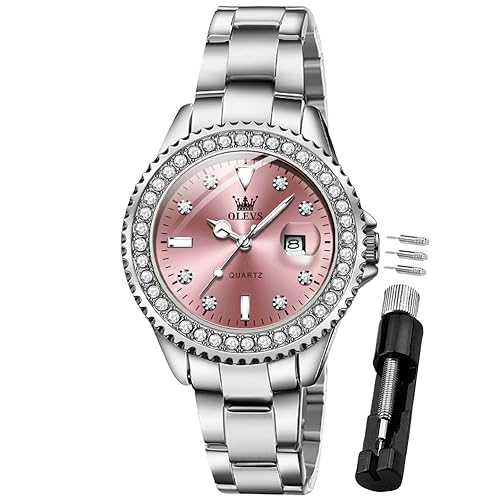 OLEVS Damenuhr Diamant Analoge Armbanduhr mit Kleines Rosa Gesicht Silber Edelstahlband wasserdichte Frauen Uhr Sale Geschenk Marken von OLEVS