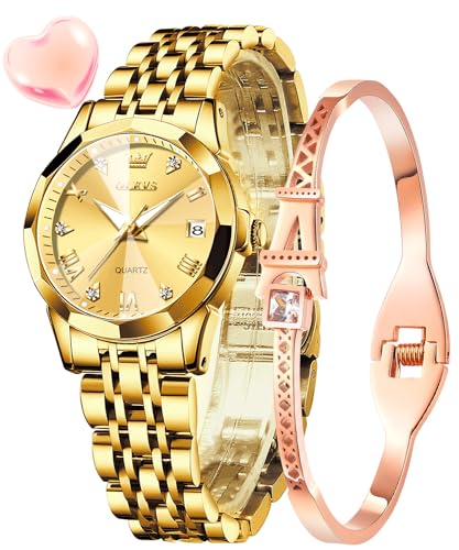 OLEVS Damenuhr Gold Diamant Analog Quarz Uhren Damen Edelstahl Wasserdicht Leuchtend Modisch Elegantes Kleid Armbanduhr Armreif Geschenk Set von OLEVS
