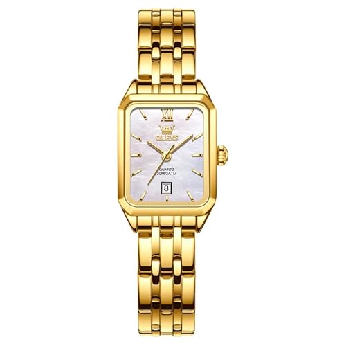 OLEVS Damenuhr Gold Edelstahl Kleines Handgelenk Rechteckig Wählscheibe Armbanduhr Damen Klassisches Luxus Weiß mit Datumsanzeige Uhr Wasserdicht Freizeit Einfachheit Damen Uhren von OLEVS