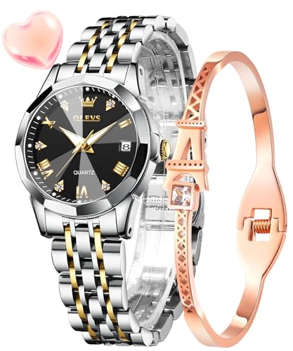 OLEVS Damenuhr Gold Silber Diamant Analog Quarz Uhren Damen Edelstahl Wasserdicht Leuchtend Modisch Elegantes Kleid Armbanduhr Armreif Geschenk Set von OLEVS