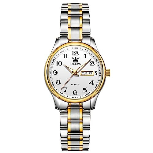 OLEVS Damenuhr Gold Silber Edelstahl Band Analoger Quarz Damen Uhren Kleines Gesicht Tag Datum Arabische Ziffern Weiß Damen Armbanduhr Eleganz Wasserdicht Leuchtend Freizeit Damenuhren von OLEVS