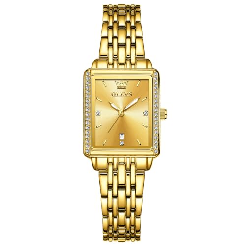 OLEVS Gold Damenuhr Klein Zifferblatt Vintage Quadrat Edelstahl Uhr Damen Quarz Leuchtend Modern Wasserdicht Frauen Uhr Metallarmband Analog Kleid Damenarmbanduhr mit Datum Geschenke für Frauen von OLEVS