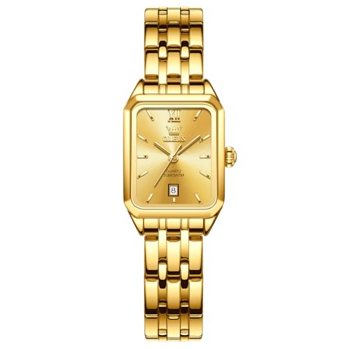 OLEVS Gold Uhren Frauen Metallarmband Vintage Edelstahl Uhr Damen Kleine Zifferblatt Modern Wasserdicht Damen Armbanduhr mit Datum Schöne Analog Kleid Damenuhren Eckig Quarzuhr Geschenke für Frauen von OLEVS