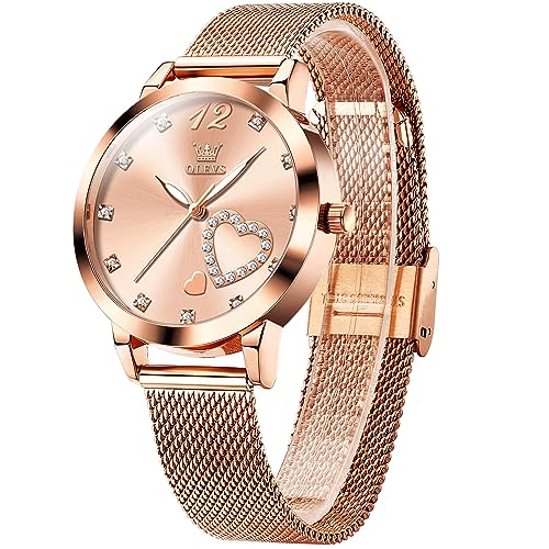 OLEVS Roségold Uhr Damen Mesh Armband Schöne Analog Kleid Damenuhren Edelstahl Schicke Ultra Slim Armbanduhr Damen mit Rosa Zifferblatt Diamant Herz Leuchtende Quarz Frauen Uhr Wasserdicht Geschenke von OLEVS