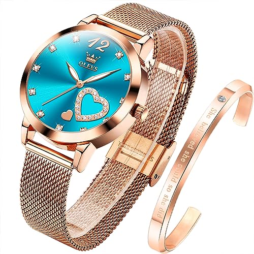 OLEVS Damenuhr Roségold mit Herz Diamant Blau Gesicht Quarz Armbanduhr Wasserdicht Gürtel Armreif Set von OLEVS