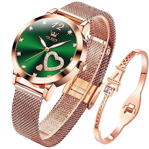 OLEVS Damenuhr Roségold mit Herz Diamant Grün Gesicht Armbanduhr wasserdicht Armreif Armband Set Armbanduhren für Damen von OLEVS