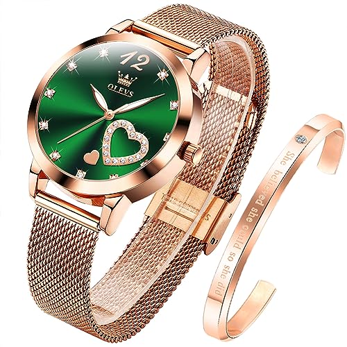 OLEVS Damenuhr Roségold mit Herz Diamant Grün Gesicht Quarz Armbanduhr Wasserdicht Gürtel Armreif Set von OLEVS
