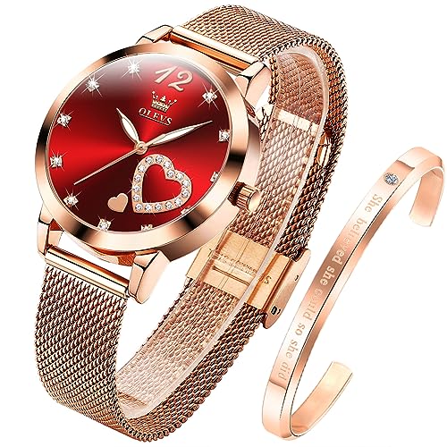 OLEVS Damenuhr Roségold mit Herz Diamant Rot Gesicht Quarz Armbanduhr Wasserdicht Gürtel Armreif Set von OLEVS