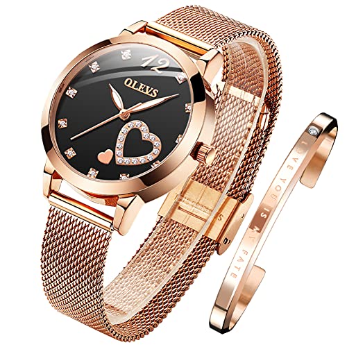 OLEVS Damenuhr Roségold mit Herz Diamant Schwarzes Gesicht Quarz Armbanduhr Wasserdicht Gürtel Armreif Set von OLEVS