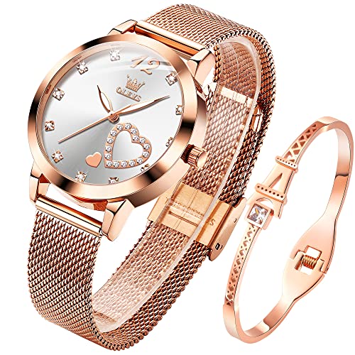 OLEVS Damenuhr Roségold mit Herz Diamant Weiße Gesicht wasserdicht Armreif Armband Set Armbanduhren für Damen von OLEVS
