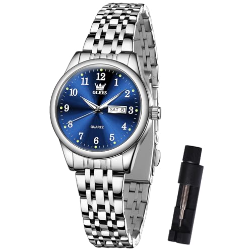 OLEVS Silber Damenuhren Klein mit Datum Elegante Analog Quarz Armbanduhr Damen Blau Zifferblatt Arabische Ziffern Uhren Damen Edelstahl Leicht zu Lesen Wasserdicht Uhren Frauen Leuchtende Geschenke von OLEVS