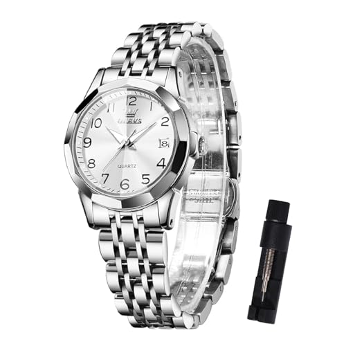 OLEVS Damen Uhr Silber Edelstahlband Analoger Quarz Damenuhr Klassisches Luxus Weiß Kleines Gesicht Arabische Ziffern Diamanten Uhr Damen Leuchtend Wasserdicht mit Datum Watches for Women von OLEVS