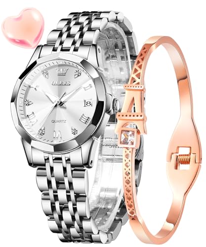 OLEVS Damenuhr Silber Diamant Analog Quarz Uhren Damen Edelstahl Wasserdicht Leuchtend Modisch Elegantes Kleid Armbanduhr Armreif Geschenk Set von OLEVS