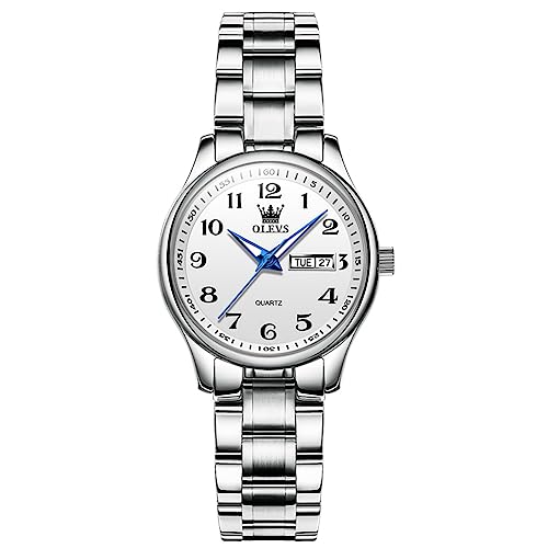 OLEVS Damenuhr Silber Edelstahl Band Analoger Quarz Damen Uhren Kleines Gesicht Tag Datum Arabische Ziffern Weiß Damen Armbanduhr Eleganz Wasserdicht Leuchtend Freizeit Damenuhren von OLEVS