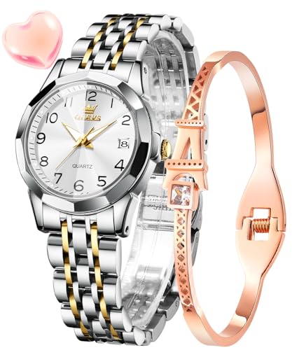 OLEVS Damenuhren Gold Silber Leicht Ablesbare Ziffern Diamant Uhren Damen Japan Analog Quartz Wasserdicht Leuchtend Datum Armbanduhr Geschenk Set von OLEVS