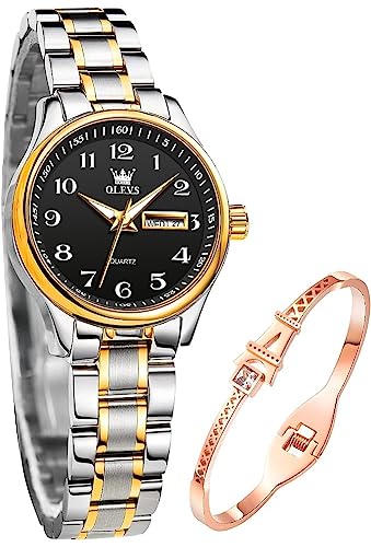 OLEVS Damenuhren Gold Silber Schwarz Leicht zu Lesen Armbanduhren für Damen mit Kleines Gesicht Tag Datum Edelstahlband wasserdichte von OLEVS