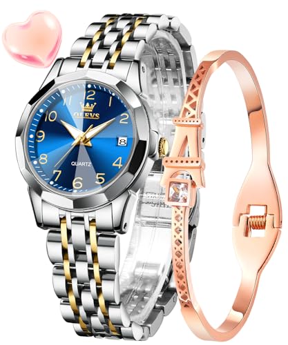 OLEVS Damenuhren Gold Silber Leicht Ablesbare Ziffern Diamant Uhren Damen Japan Analog Quartz Wasserdicht Leuchtend Datum Armbanduhr Geschenk Set von OLEVS