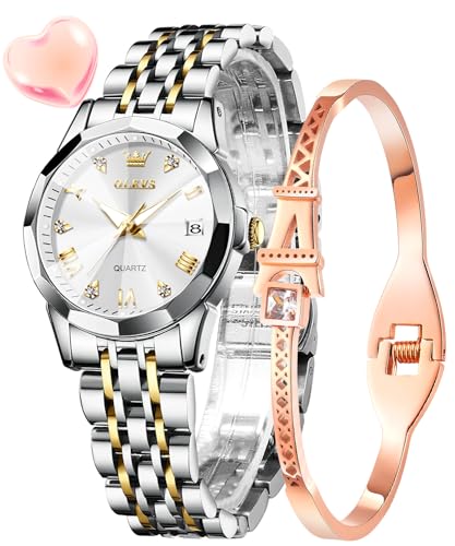 OLEVS Damenuhr Gold Silber Diamant Analog Quarz Uhren Damen Edelstahl Wasserdicht Leuchtend Modisch Elegantes Kleid Armbanduhr Armreif Geschenk Set von OLEVS