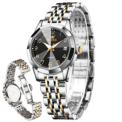 OLEVS Damenuhren Leicht zu lesen Armbanduhr mit Kleines Gesicht Gold Silber Edelstahlband Leuchtend wasserdichte Kalender Luxus Armbanduhr von OLEVS