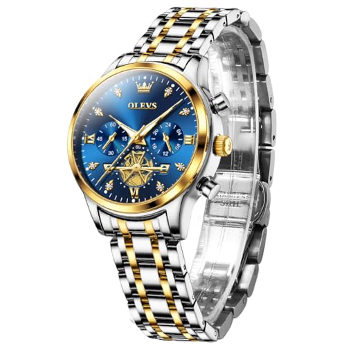 OLEVS Damenuhren Luxus Diamant Armbanduhr für Frauen Gold und Silber Edelstahl wasserdicht mit Datum Quarz Damenuhr, 2897:Gold- und Silberband und blaues Zifferblatt von OLEVS