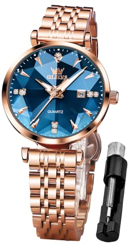 OLEVS Damenuhren Roségold Diamant Analog Quarz Armbanduhren mit Blau Kleines Gesicht Leuchtend Wasserdicht Edelstahlband Uhr von OLEVS