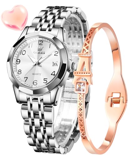 OLEVS Damenuhren Silber Leicht Ablesbare Ziffern Diamant Uhren Damen Japan Analog Quartz Wasserdicht Leuchtend Datum Armbanduhr Geschenk Set von OLEVS