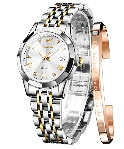 OLEVS Damenuhren für Frauen römische Ziffern Diamant leicht ablesbar Silber Kleid Tag Analog Edelstahl Designer Wasserdicht Weibliche Armbanduhr, weiß, S von OLEVS