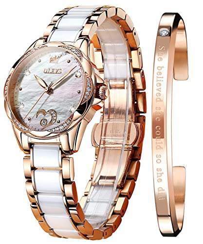 OLEVS Frauen Automatische Mechanische Uhren Selbstaufzug Rose Gold Zweifarbig Keramik Armband Diamant Liebe Herz Zifferblatt Mode Elegant Kleid Damen Armbanduhr Wasserdicht Leuchtend, Weißes von OLEVS