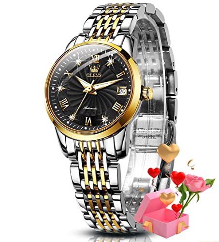 OLEVS Damen-Automatikuhr, Diamant, mechanisch, selbstaufziehend, modisch, elegant, leuchtend, wasserdicht, Edelstahl, Datum, 6630: Zweifarbiges Band und schwarzes Zifferblatt, Automatikuhr, mechanisch von OLEVS