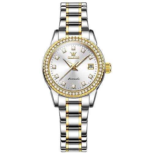 OLEVS Frauen Automatische Uhr Diamant Mechanische Selbstaufzug Mode Elegante Kleid Armbanduhr Leuchtend Wasserdicht Edelstahl Datum, 7003: zweifarbiges Band und weißes Zifferblatt, Diamant Uhr von OLEVS