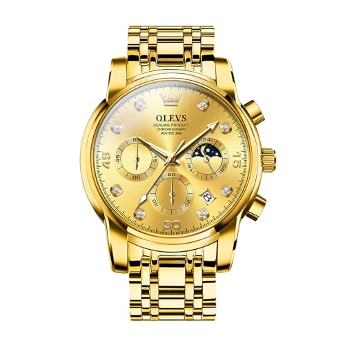 OLEVS Gold Armband Herren Großes Gesicht Multifunktion Chronograph Watches for Men Arabische Ziffern Mondphasen Edelstahl Herren Kleid Uhr Wasserdicht Leuchtend mit Datum Watches for Men von OLEVS