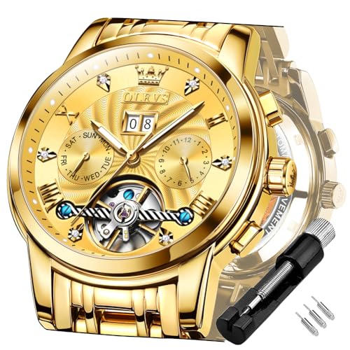 OLEVS Gold Automatikuhren für Herren Tourbillon Automatik Mechanik Luxus-Kleid Edelstahl Armband Leuchtend wasserdicht Herren-Armbanduhr von OLEVS