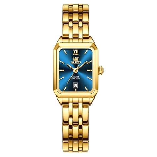 OLEVS Gold Damenuhr Kleines Gesicht Edelstahl Analoge Quarz Damen Uhr Klassisches Blau Rechteckig Wählscheibe Stylish Uhren Luxus Eleganz Wasserdicht mit Datum Armbanduhr Damen von OLEVS