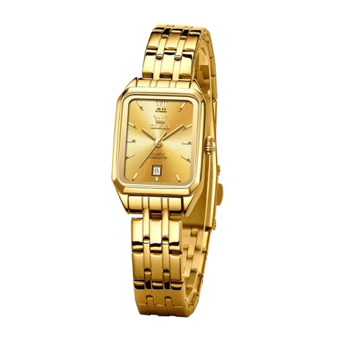 OLEVS Gold Damenuhr Rechteckig Wählscheibe mit Datumsanzeige Luxus Damen Armbanduhr Gold Edelstahl Kleines Handgelenk Quarz Uhr Einfachheit Stilvolle Wasserdicht Leuchtend Uhren Damen von OLEVS