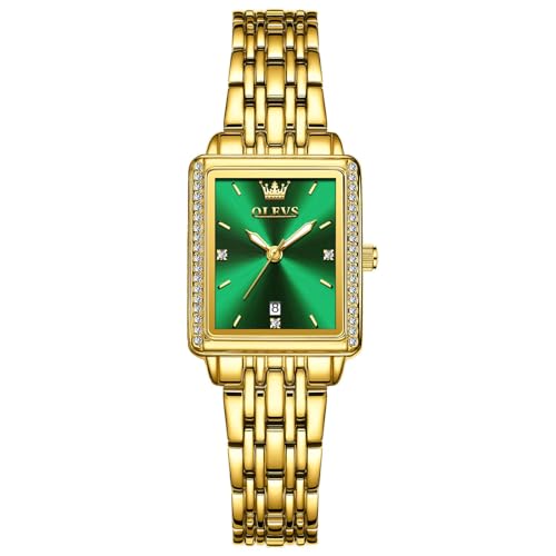 OLEVS Gold Uhr Damen Klein Vintage Eckig Damen Armbanduhr Edelstahl Grün Zifferblatt Damenuhren Analog Quarz Metallarmband Damenarmbanduhr Wasserdicht Leuchtend Uhren Frauen mit Datum Geschenke von OLEVS